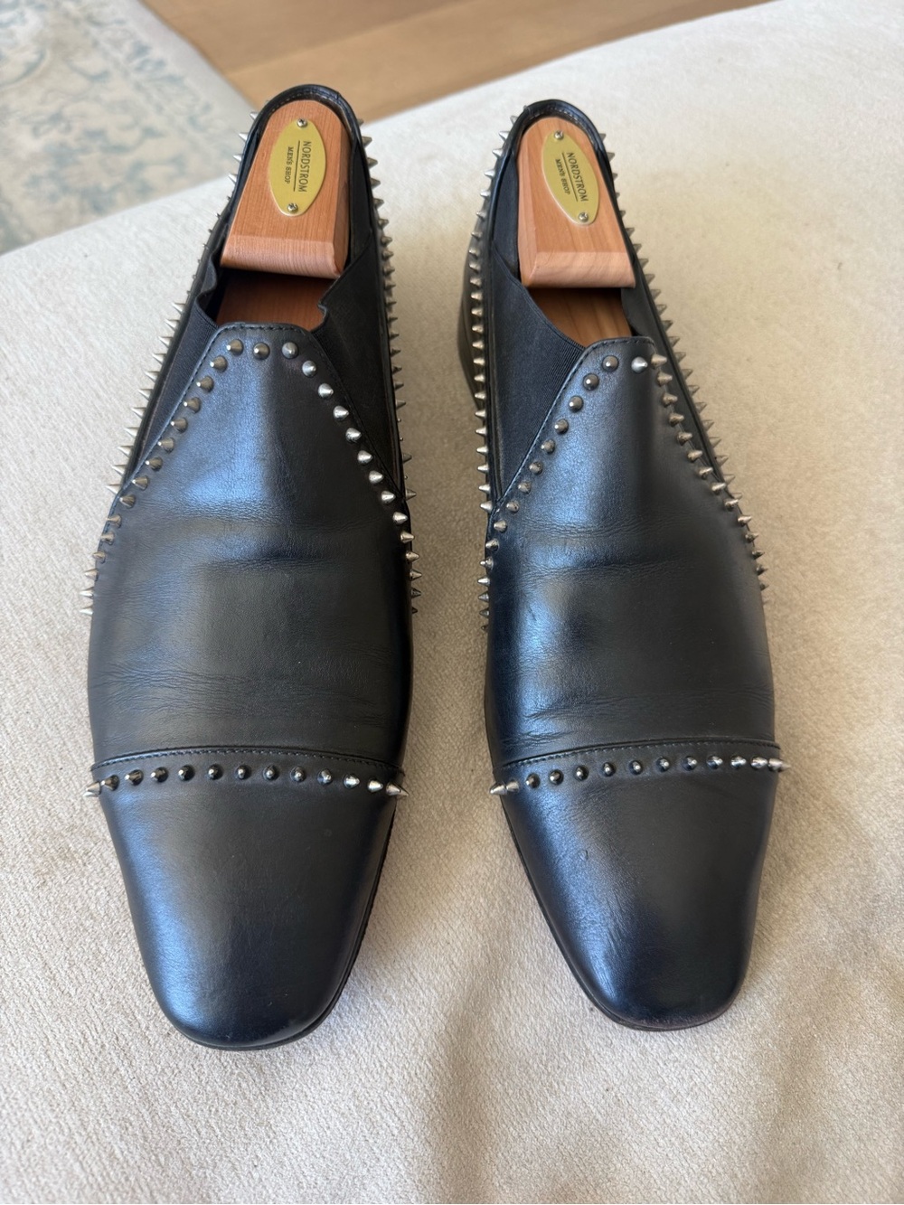 Christian Louboutin Black Leather Studded Slip-On Loafers